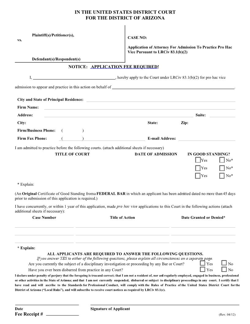 Application Of Attorney For Admission To Practice Pro Hac Vice | Pdf Fpdf Doc Docx | Arizona