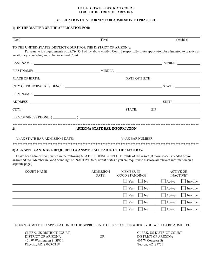 Application Of Attorney For Admission To Practice | Pdf Fpdf Doc Docx | Arizona