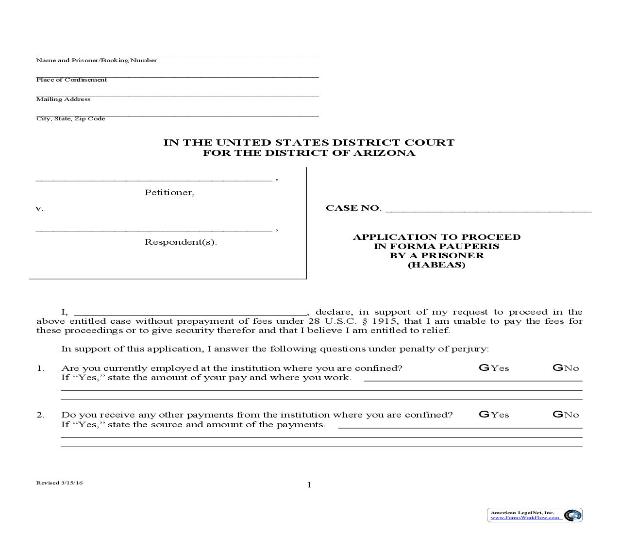 Application To Proceed In Forms Pauperis By A Prisoner (Habeas) | Pdf Fpdf Doc Docx | Arizona