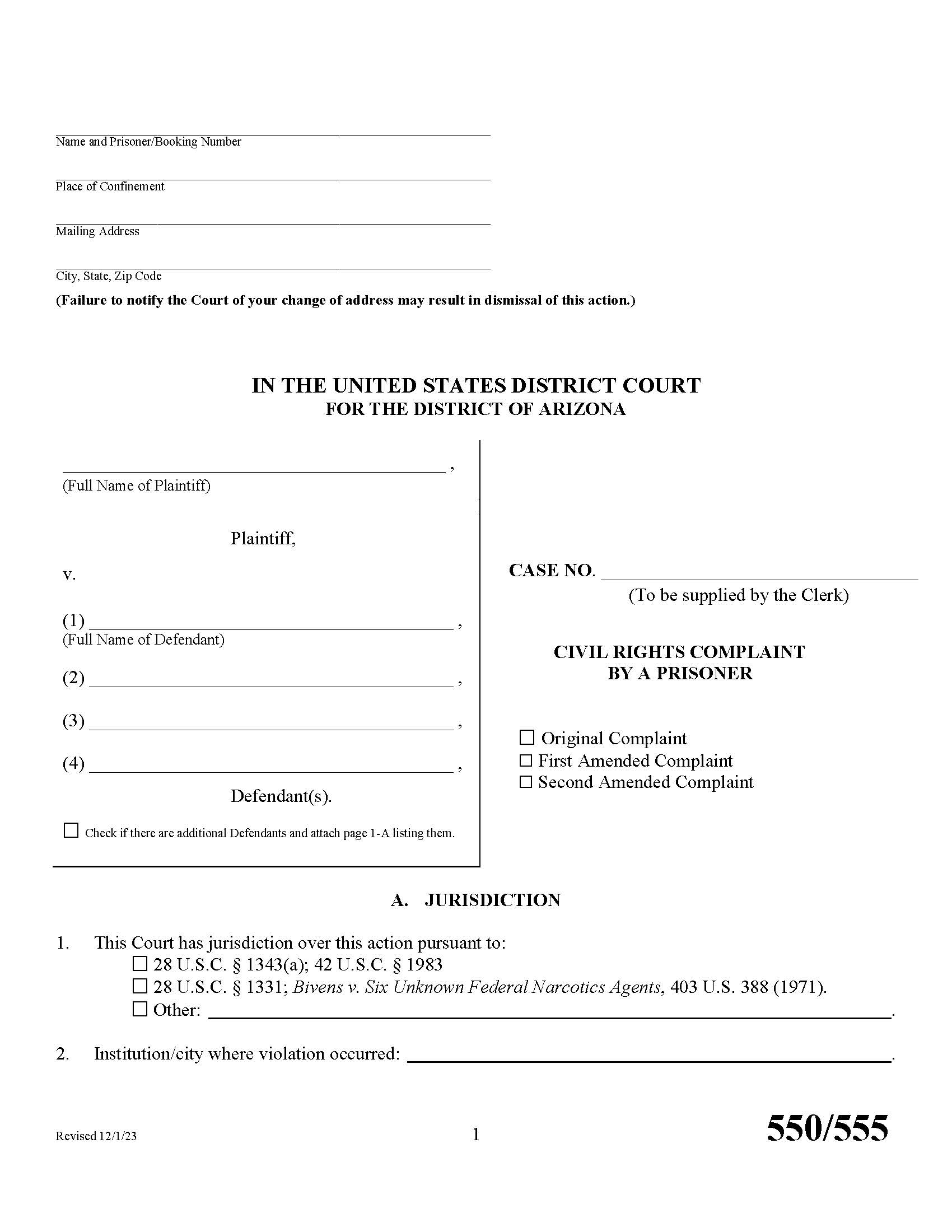 Civil Rights Complaint By Prisoners | Pdf Fpdf Doc Docx | Arizona