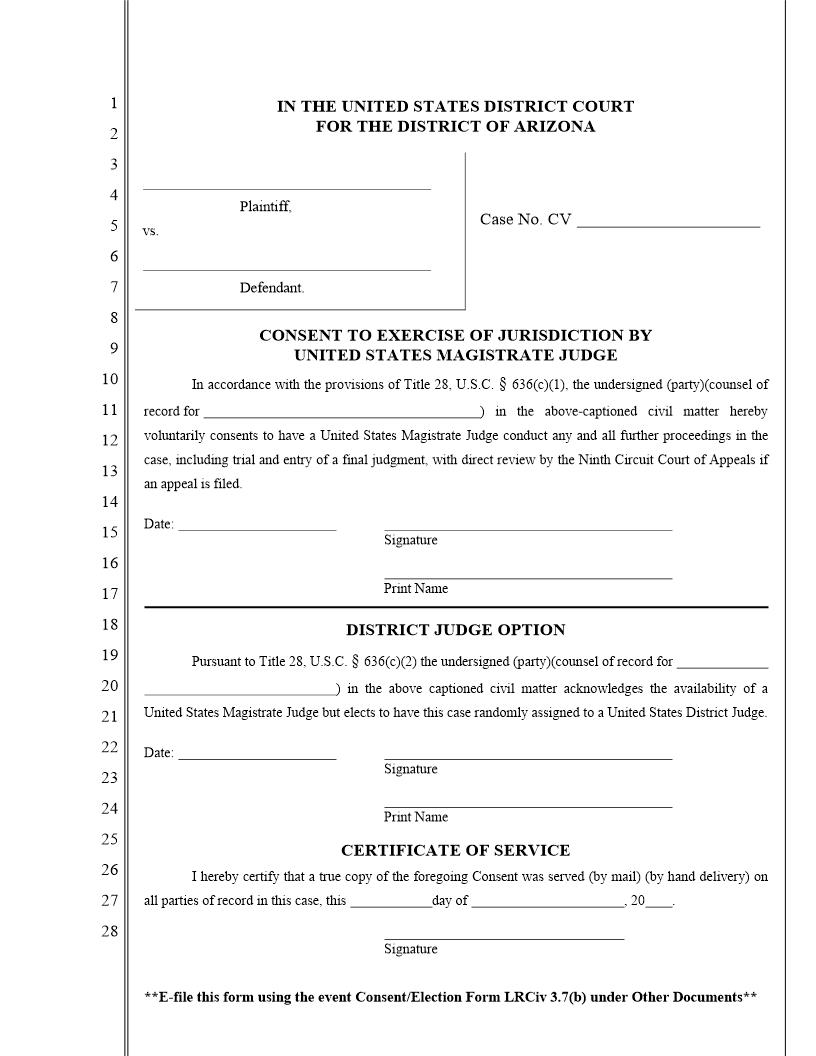 Consent To Exercise Of Jurisdiction By US Magistrate Judge | Pdf Fpdf Doc Docx | Arizona