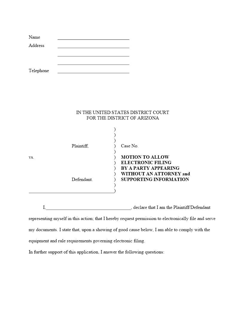 Motion To Allow Electronic Filing By Party Without Attorney | Pdf Fpdf Docx | Arizona