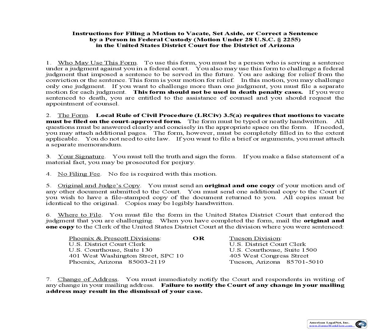 Motion To Vacate-Set Aside-Or Correct Sentence By A Person In Federal Custody | Pdf Fpdf Doc Docx | Arizona