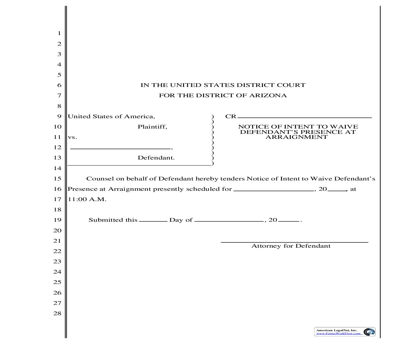 Notice Of Intent To Waive Defendants Presence At Arraignment | Pdf Fpdf Doc Docx | Arizona