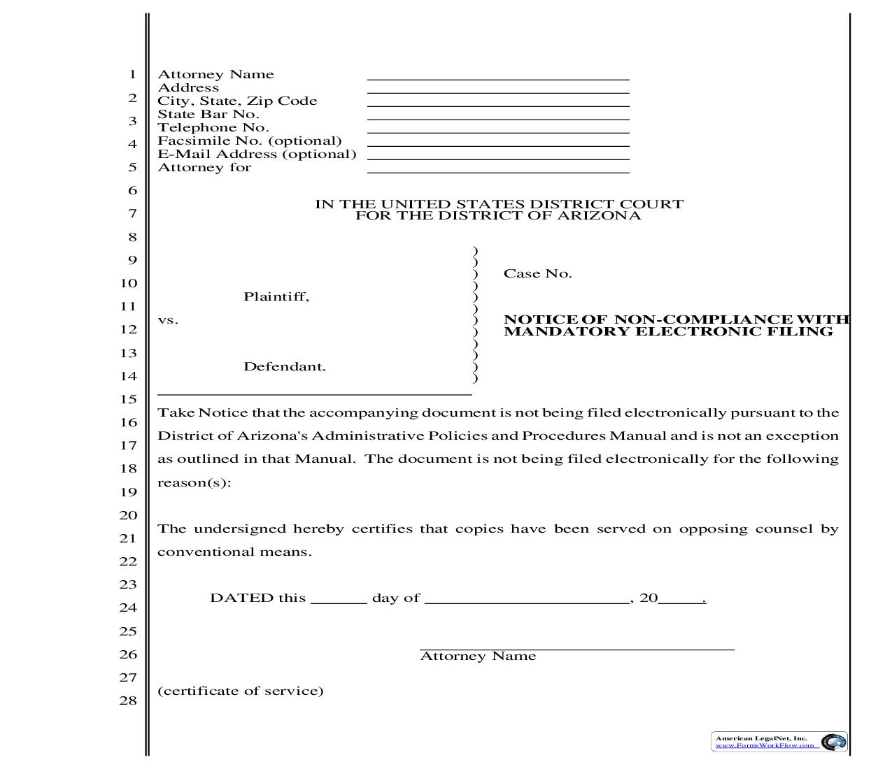 Notice Of Non-Compliance With Mandatory Electronic Filing | Pdf Fpdf Doc Docx | Arizona