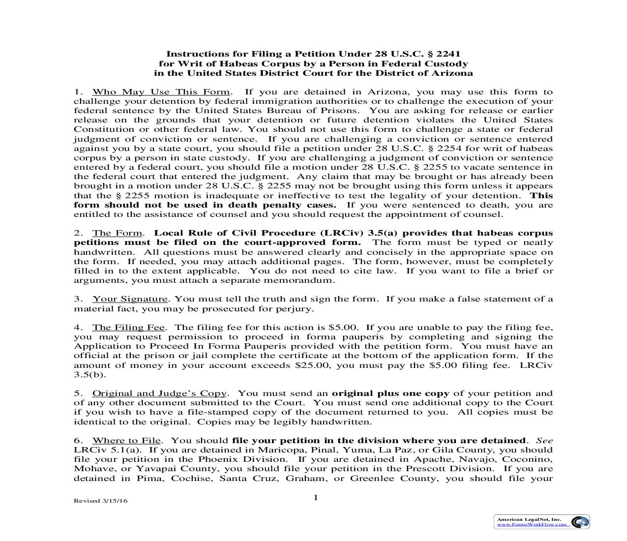 Petition For Writ Of Habeas Corpus By A Person In Federal Custody | Pdf Fpdf Doc Docx | Arizona