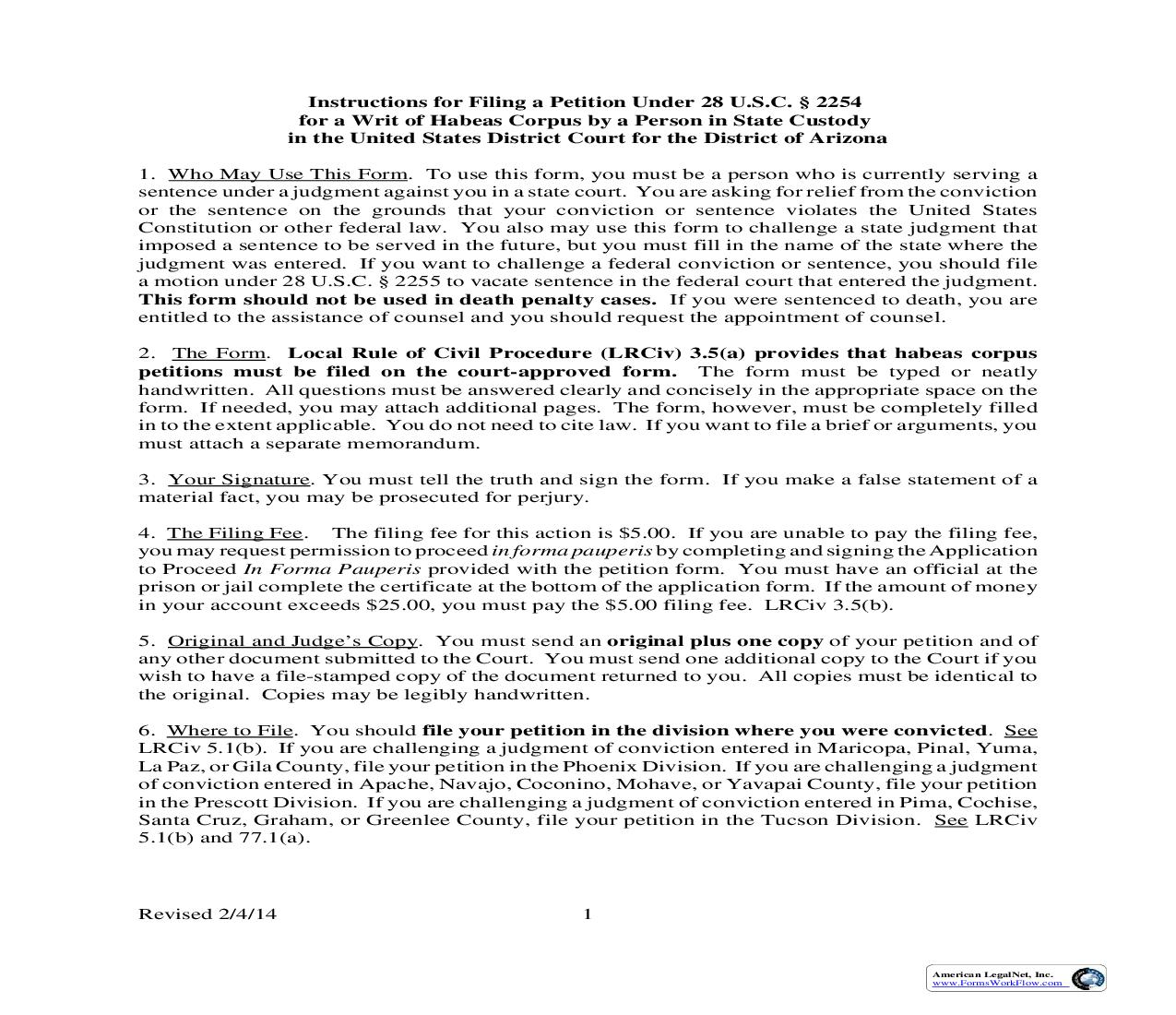 Petition For Writ Of Habeas Corpus By A Person In State Custody Pursunat To 28 USC (Non Death Penalty) | Pdf Fpdf Doc Docx | Arizona