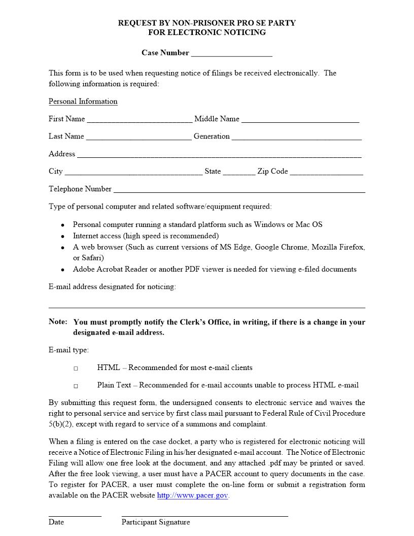 Request By Non Prisoner Pro Se Party For Electronic Noticing | Pdf Fpdf Docx | Arizona
