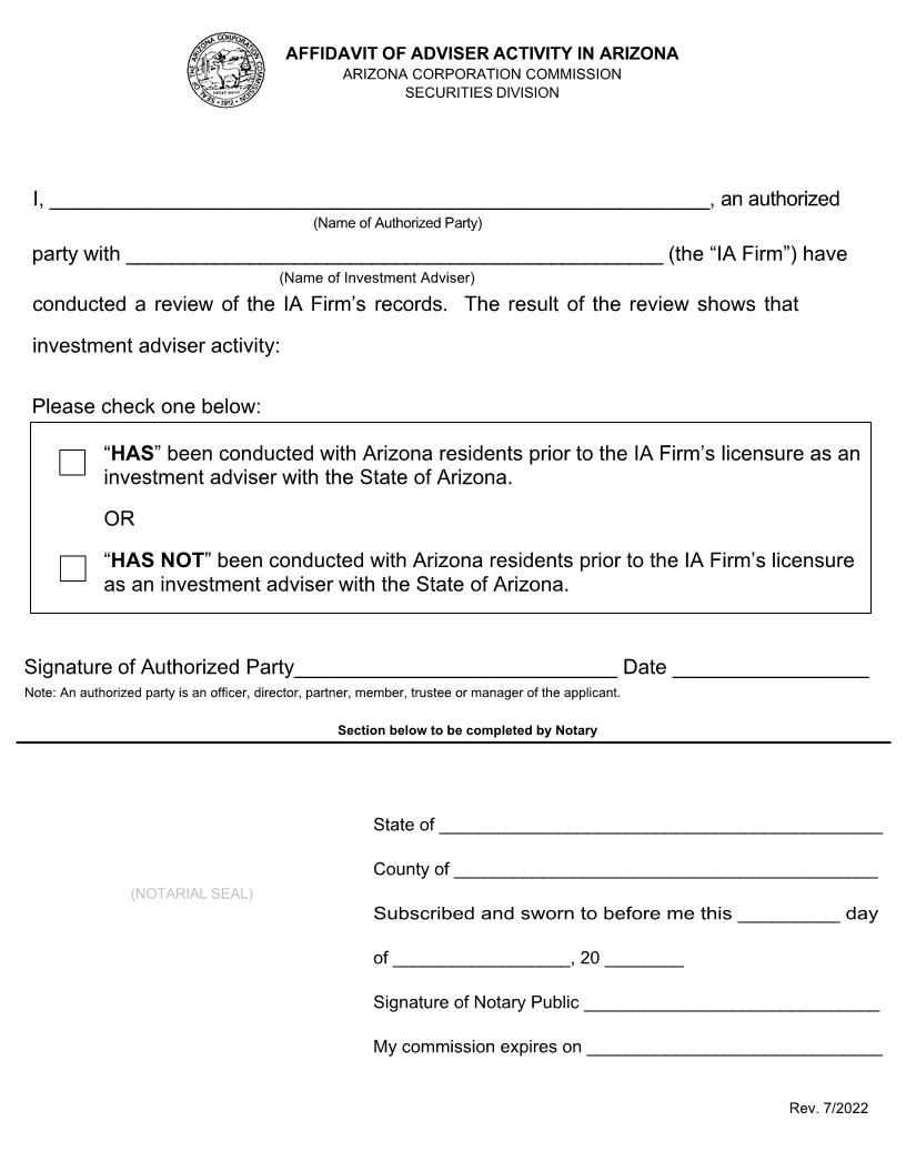 Affidavit Of Adviser Activity In Arizona | Pdf Fpdf Docx | Arizona