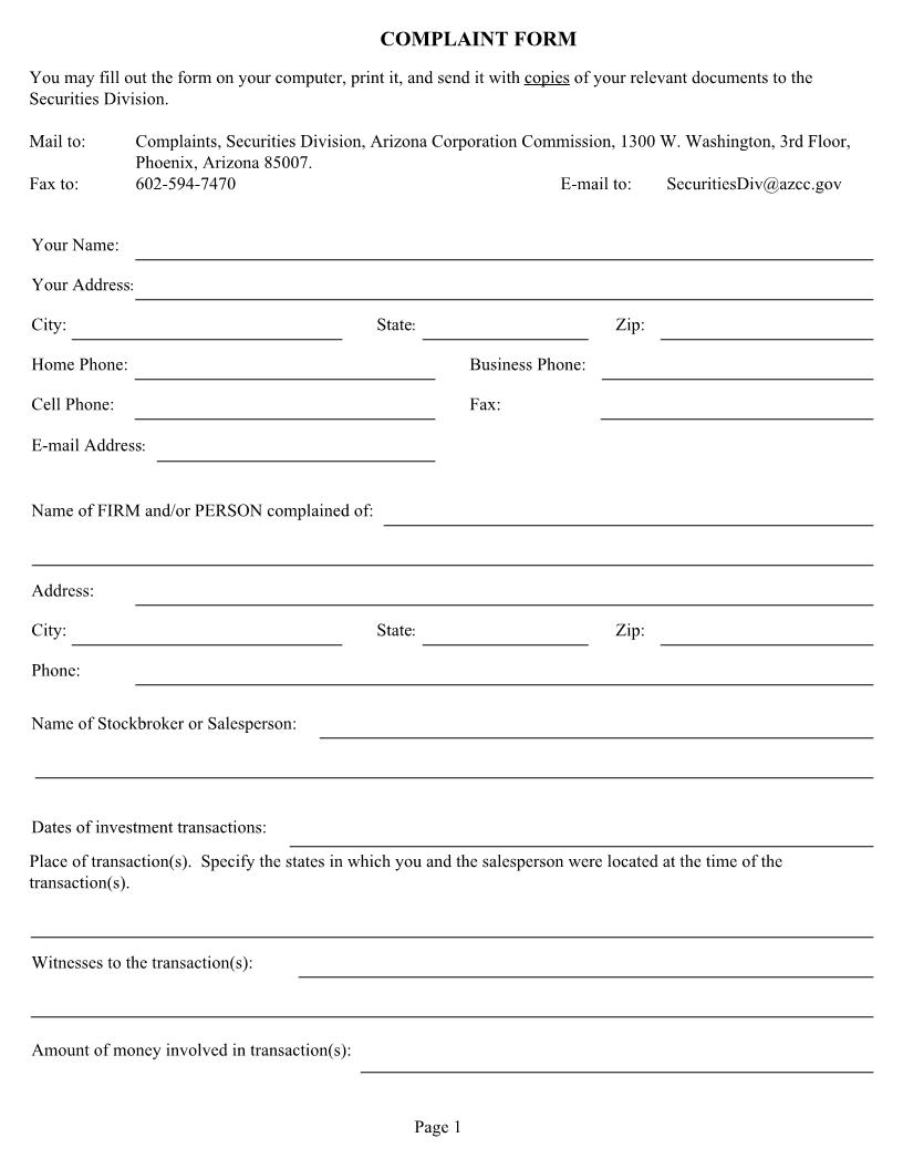 Complaint Form | Pdf Fpdf Doc Docx | Arizona