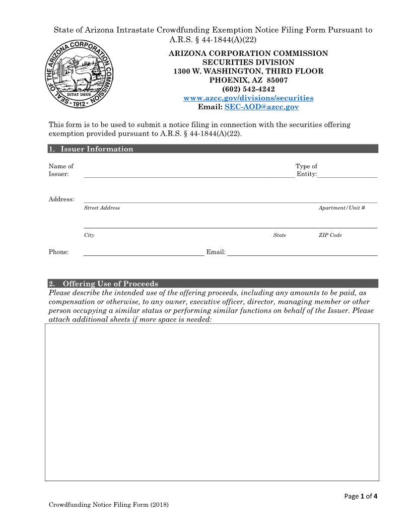 Interstate Crowdfunding Exemption Notice | Pdf Fpdf Docx | Arizona