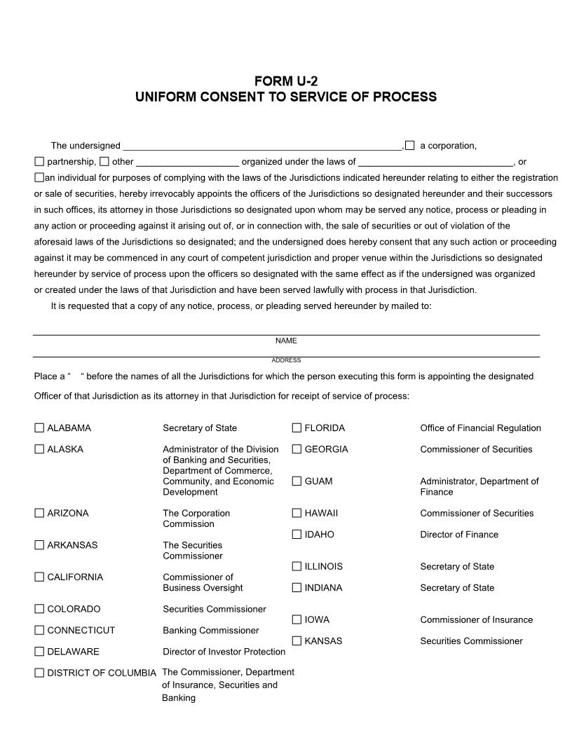 Uniform Consent To Service Of Process {U-2} | Pdf Fpdf Doc Docx | Arizona