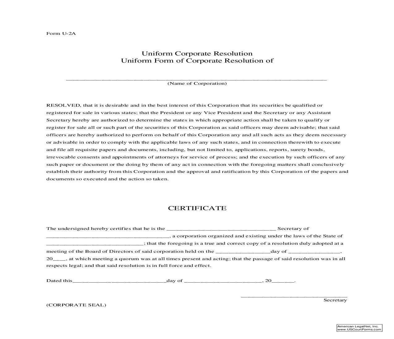Uniform Corporate Resolution {U-2A} | Pdf Fpdf Doc Docx | Arizona