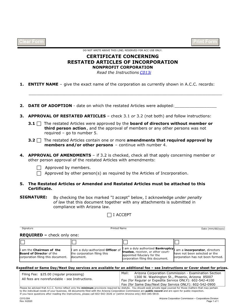 Certificate Concerning Restated Articles Of Incorporation Non Profit | Pdf Fpdf Docx | Arizona