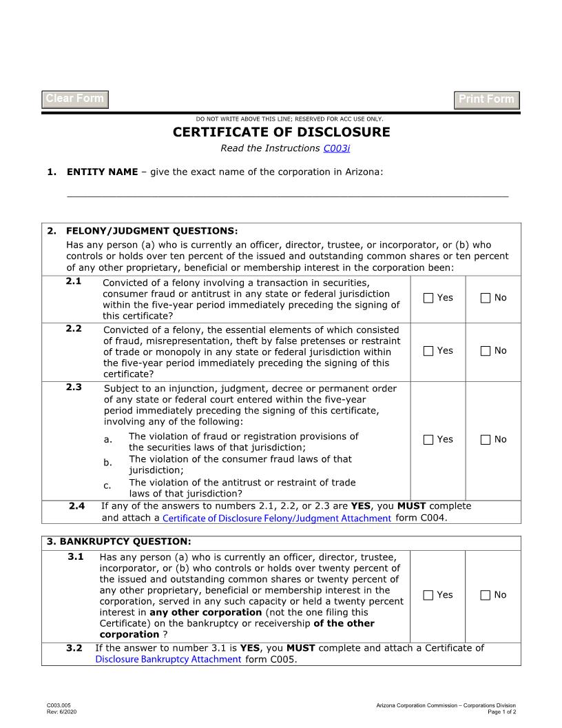 Certificate Of Disclosure | Pdf Fpdf Docx | Arizona