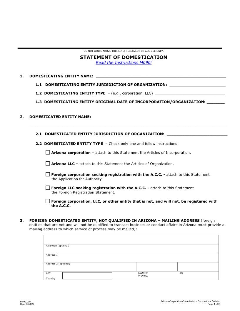 Statement Of Domestication | Pdf Fpdf Docx | Arizona
