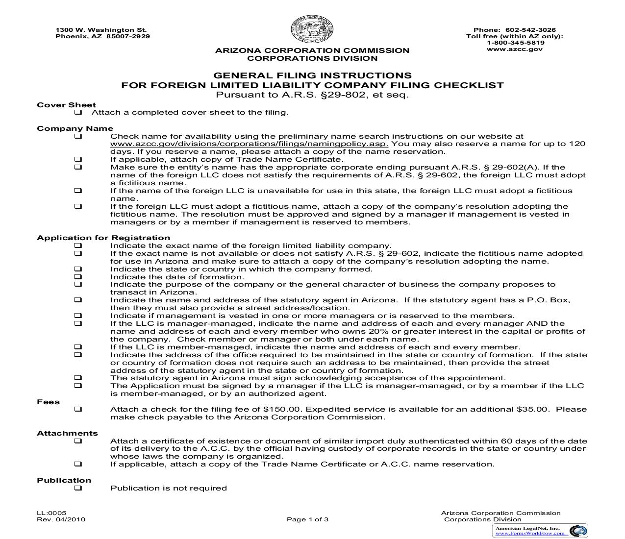 Application For Registration Of Foreign Limited Liability Company {LL0005} | Pdf Fpdf Doc Docx | Arizona