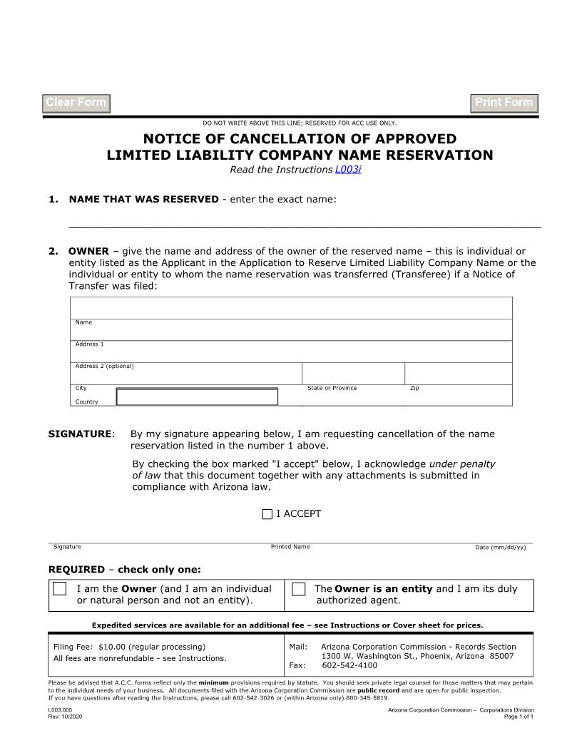 Notice Of Cancellation Of Approved LLC Company Name Reservation | Pdf Fpdf Docx | Arizona