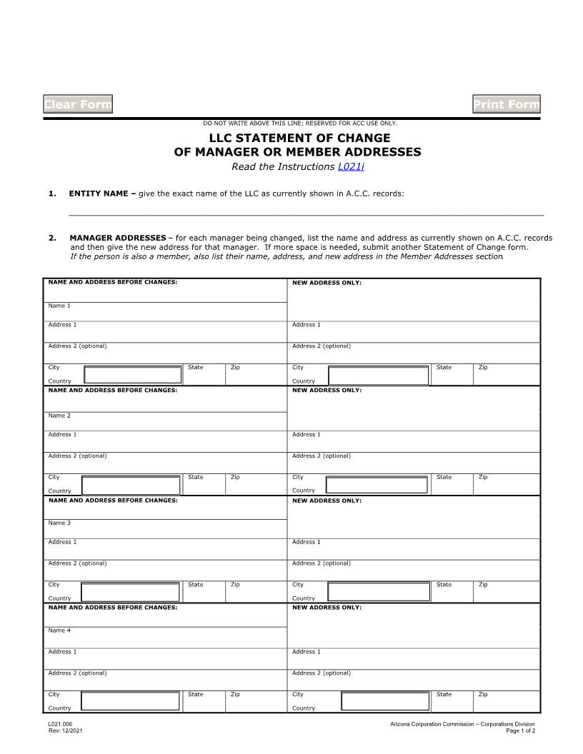 Statement Of Change Of Manager Or Member Addresses | Pdf Fpdf Docx | Arizona