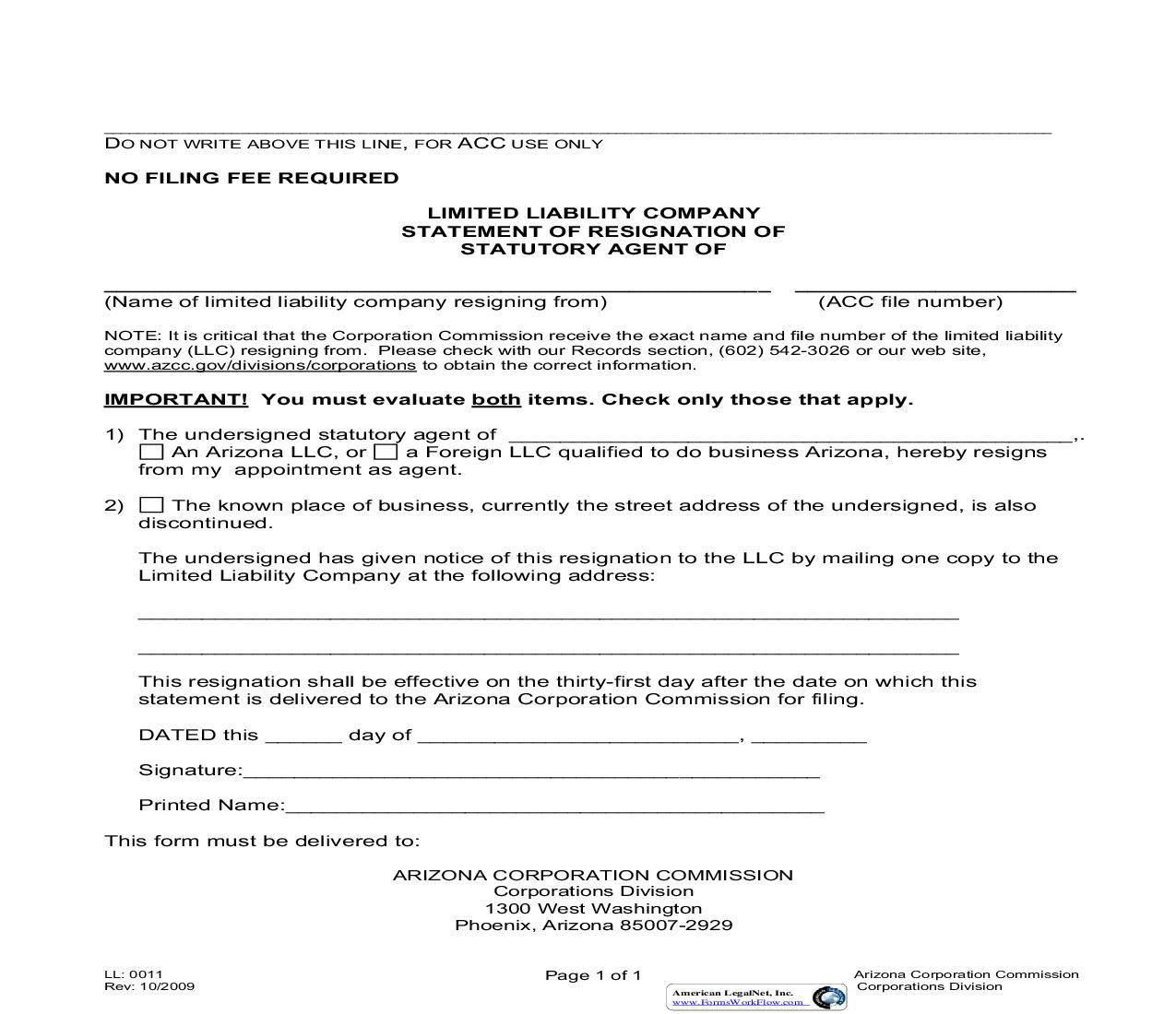 Statement Of Resignation Of Statutory Agent {LL0011} | Pdf Fpdf Doc Docx | Arizona