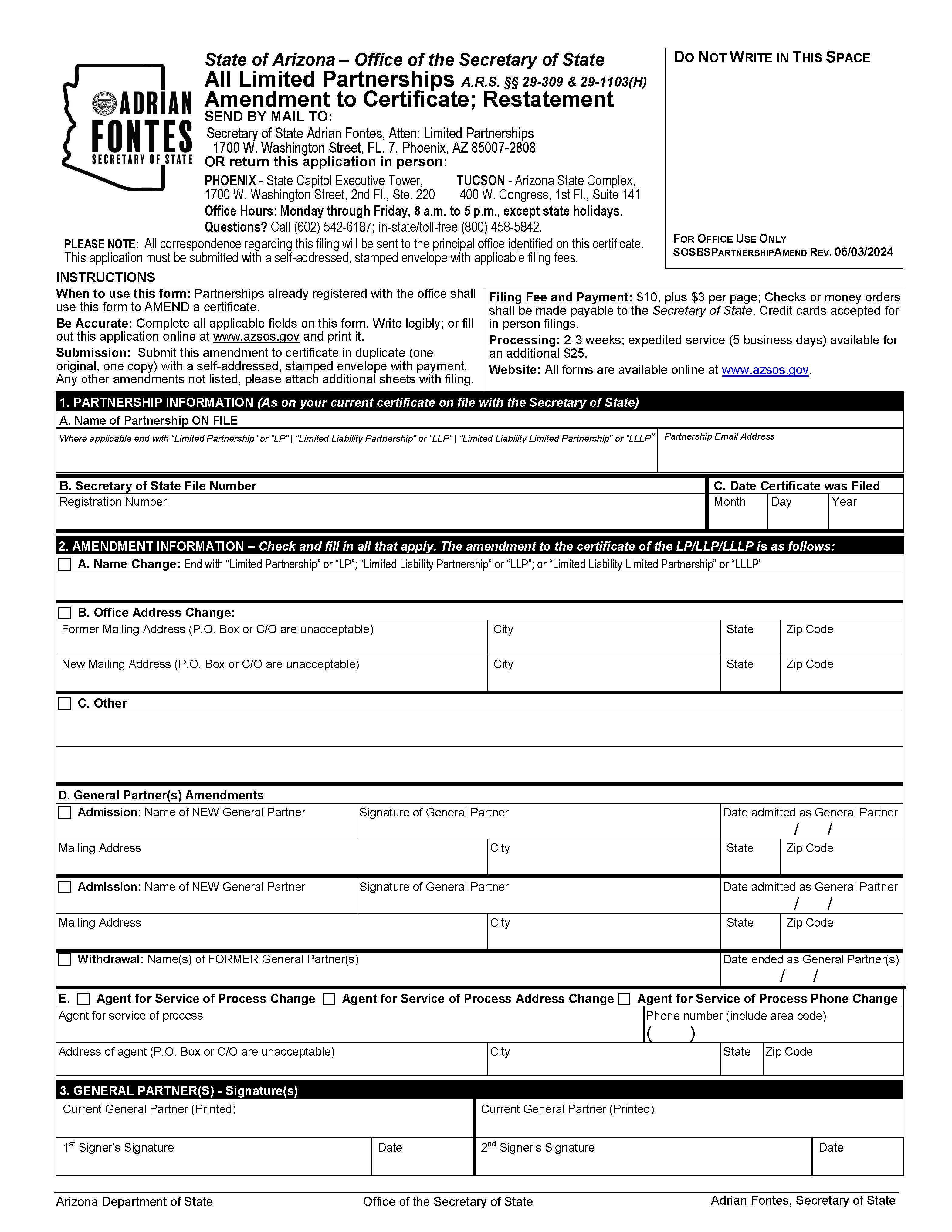 Amendment To Certificate And Or Restatement All Limited Partnerships | Pdf Fpdf Docx | Arizona