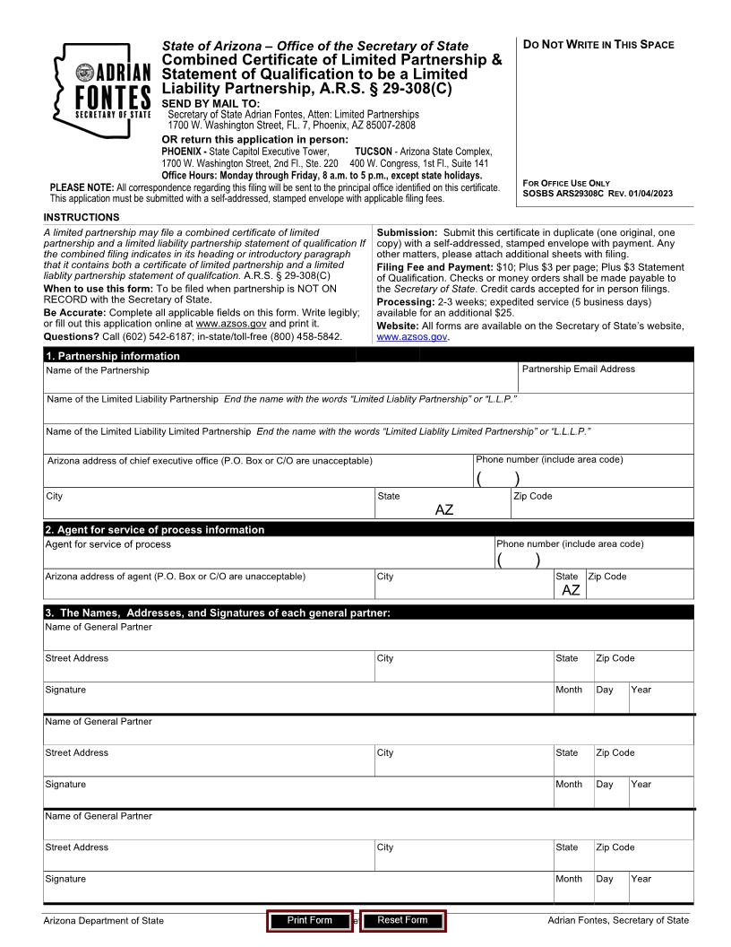 Combined Certificate Of Limited Partnership And Statement | Pdf Fpdf Docx | Arizona