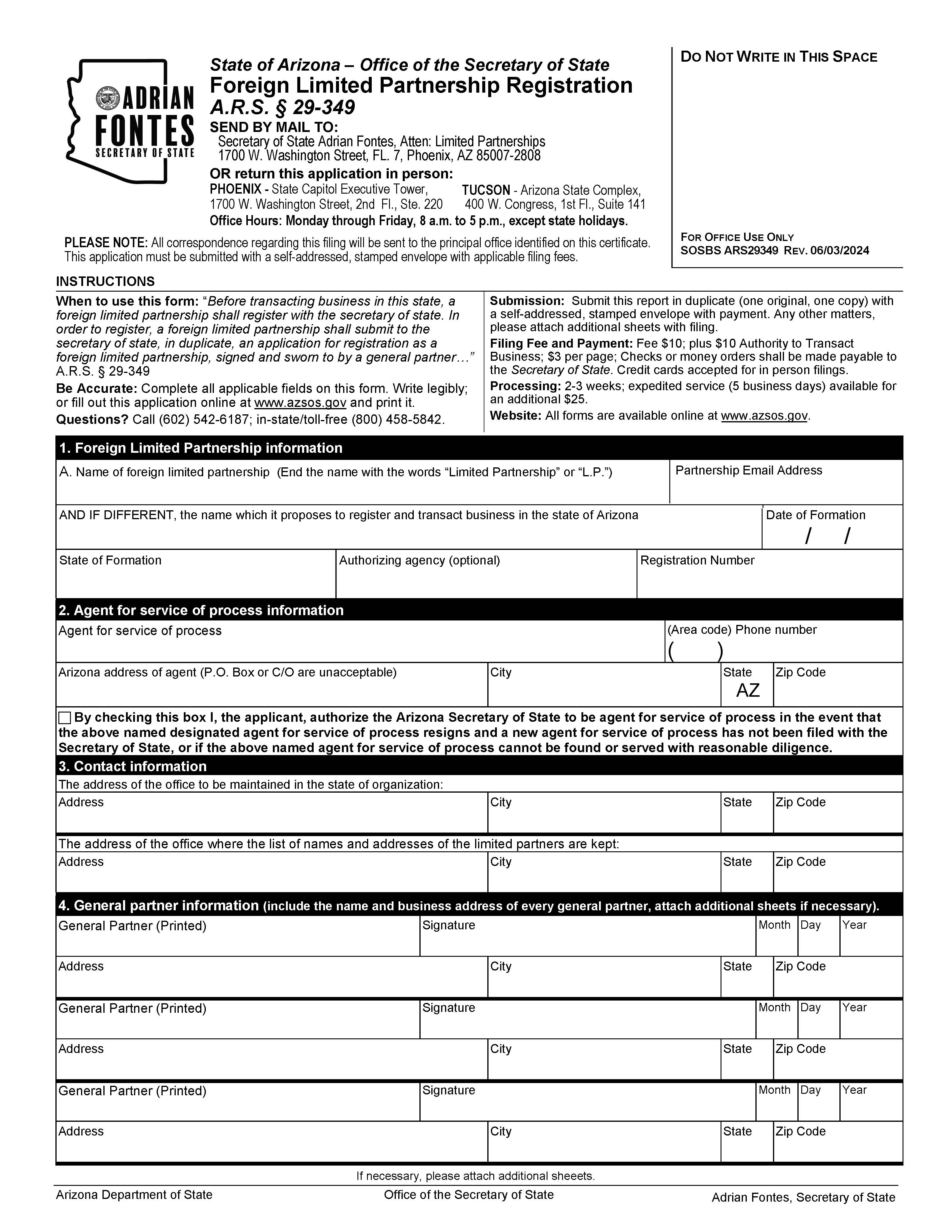Foreign Limited Partnership Registration | Pdf Fpdf Docx | Arizona