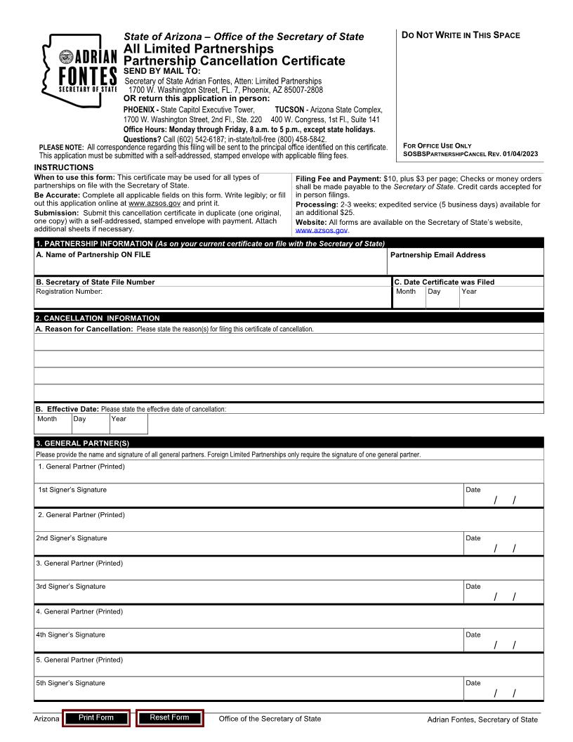 Partnership Cancellation Certificate All Limited Partnerships | Pdf Fpdf Docx | Arizona
