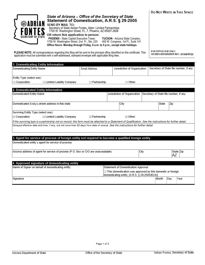 Statement Of Domestication | Pdf Fpdf Docx | Arizona
