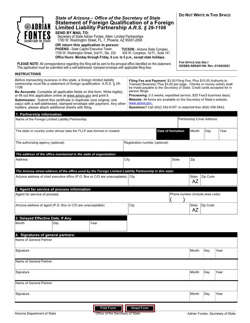 Statement Of Foreign Qualification Of Foreign LLP | Pdf Fpdf Docx | Arizona
