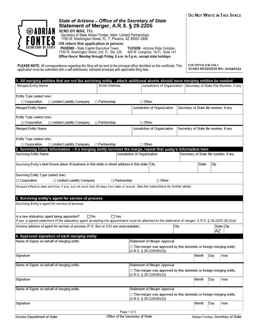 Statement Of Merger | Pdf Fpdf Docx | Arizona