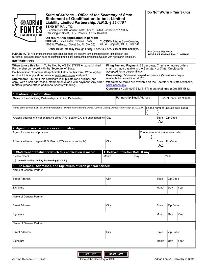 Statement Of Qualification To Be Limited Liability Partnership | Pdf Fpdf Doc Docx | Arizona