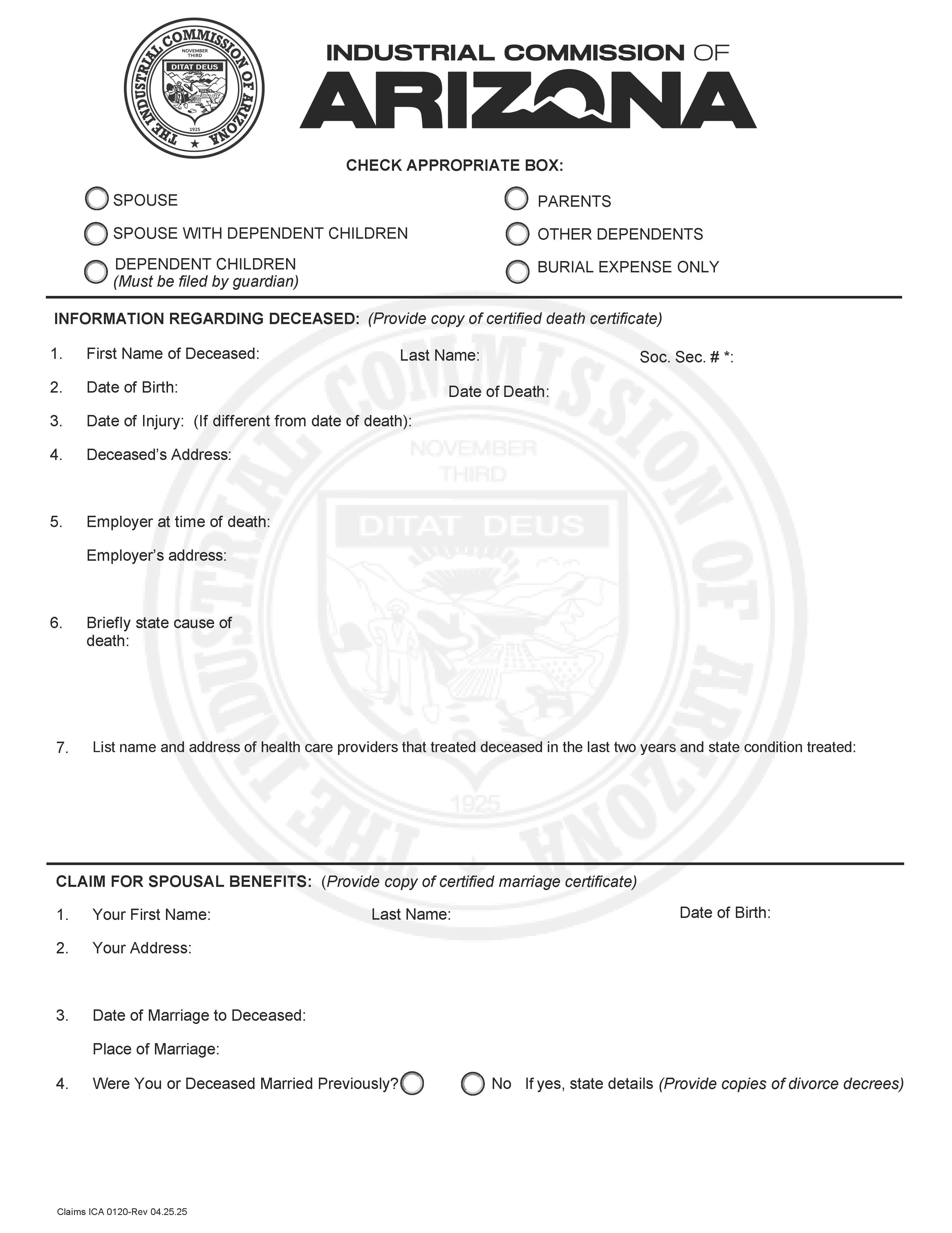 Claim For Dependents Benefits (Fatality) | Pdf Fpdf Docx | Arizona