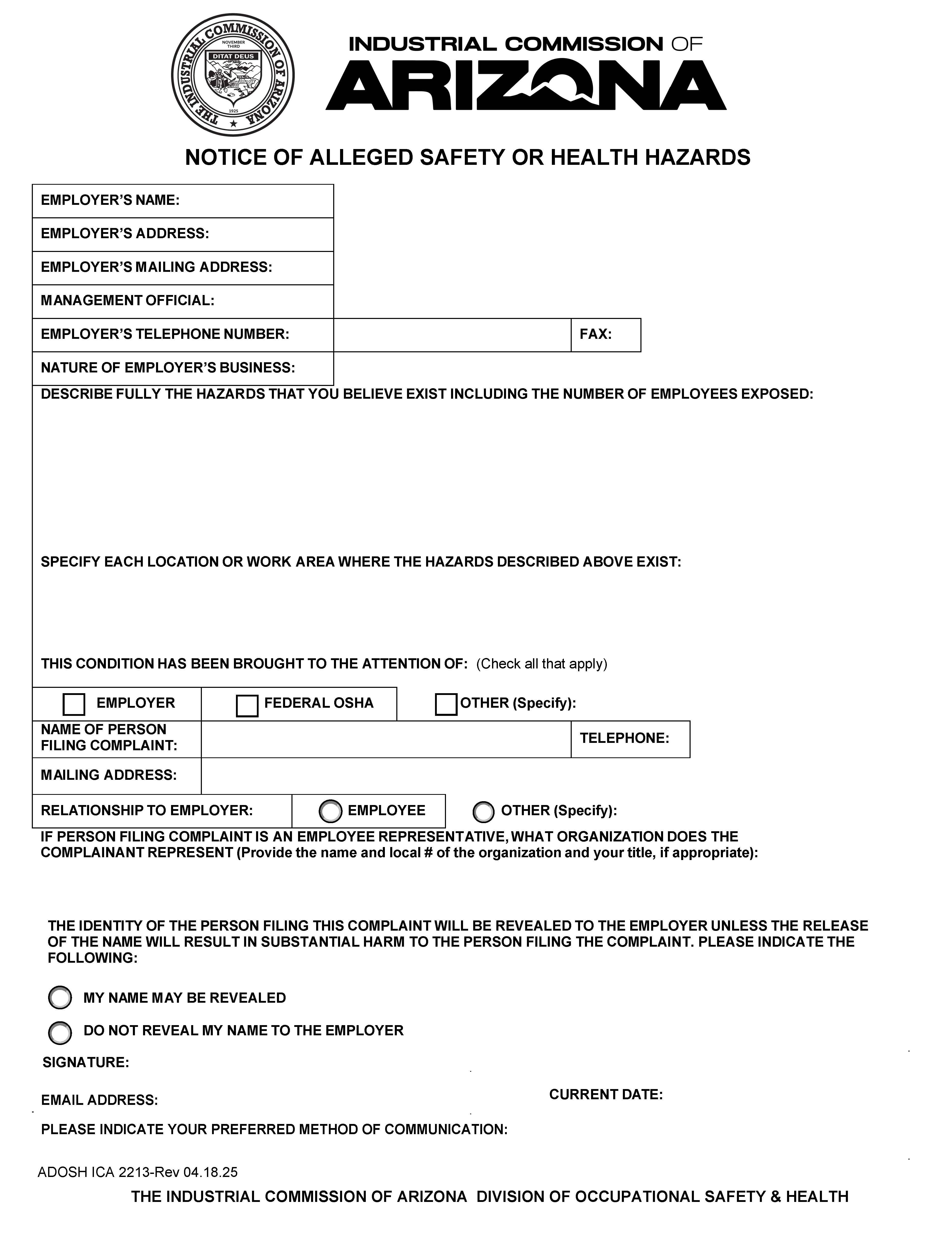 Notice Of Alleged Health Or Safety Hazards | Pdf Fpdf Docx | Arizona