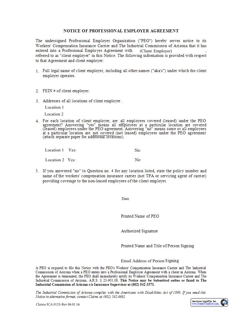 Notice Of Professional Employer Agreement | Pdf Fpdf Docx | Arizona