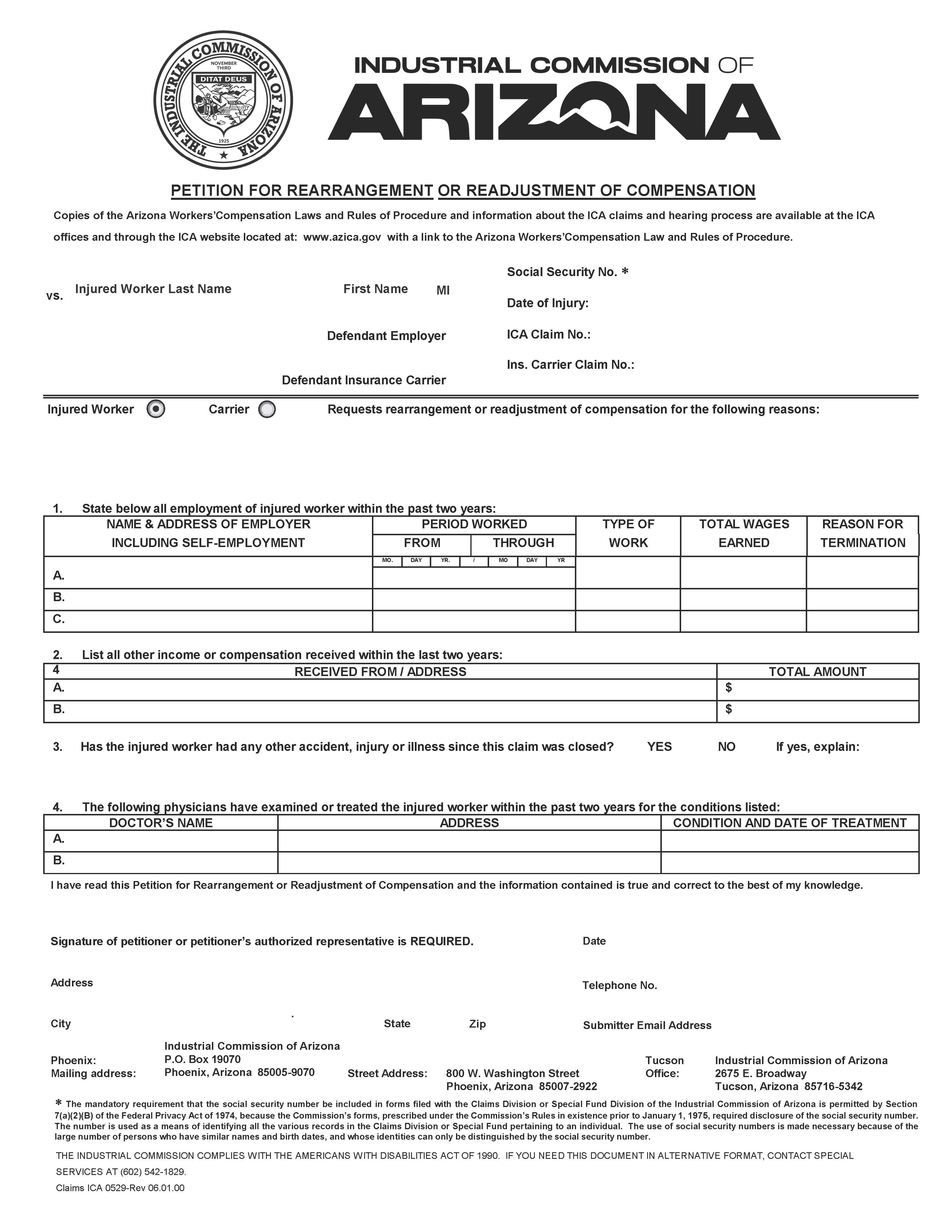 Petition For Rearrangement Or Readjustment Of Compensation {ICA 0529} | Pdf Fpdf Docx | Arizona