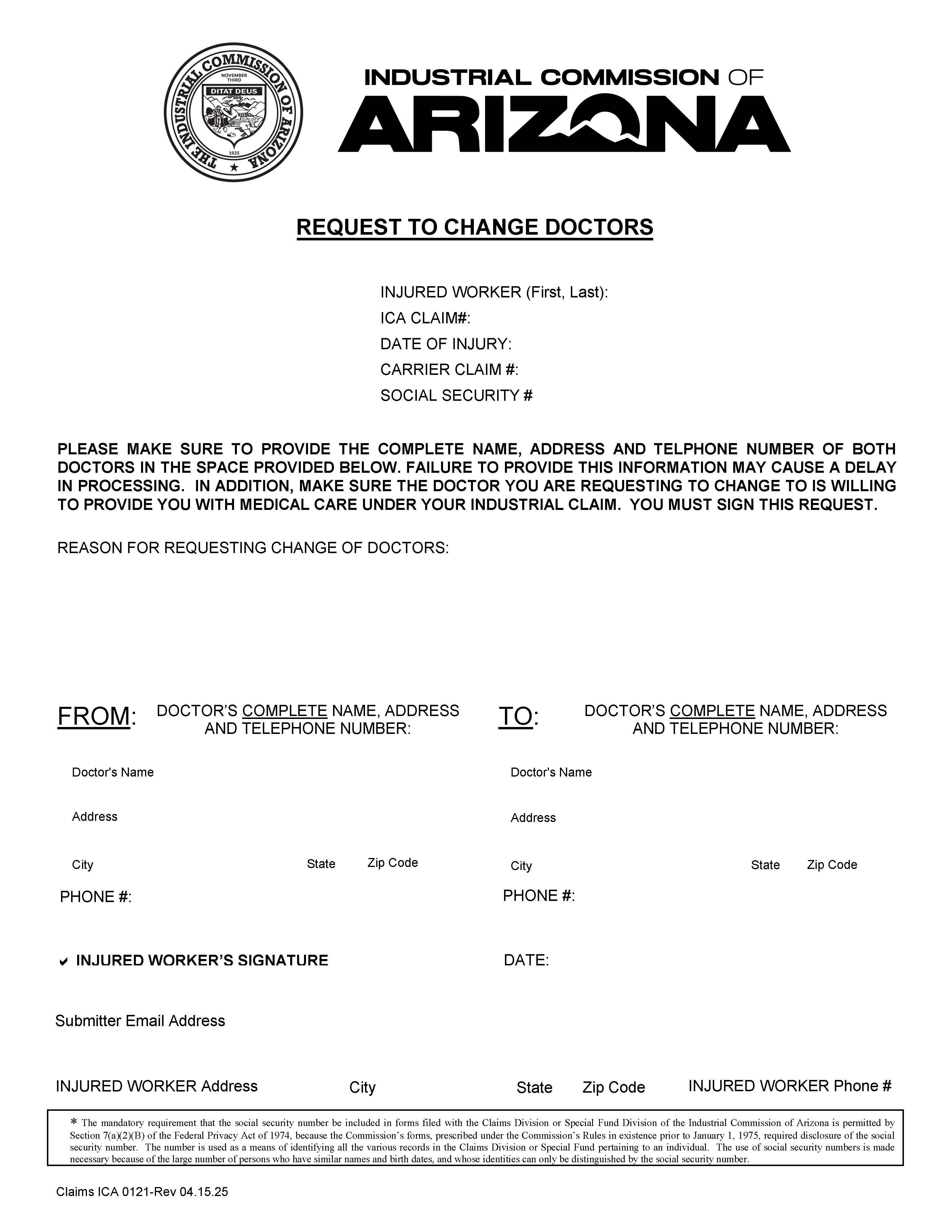 Request To Change Doctors {ICA 0121} | Pdf Fpdf Docx | Arizona