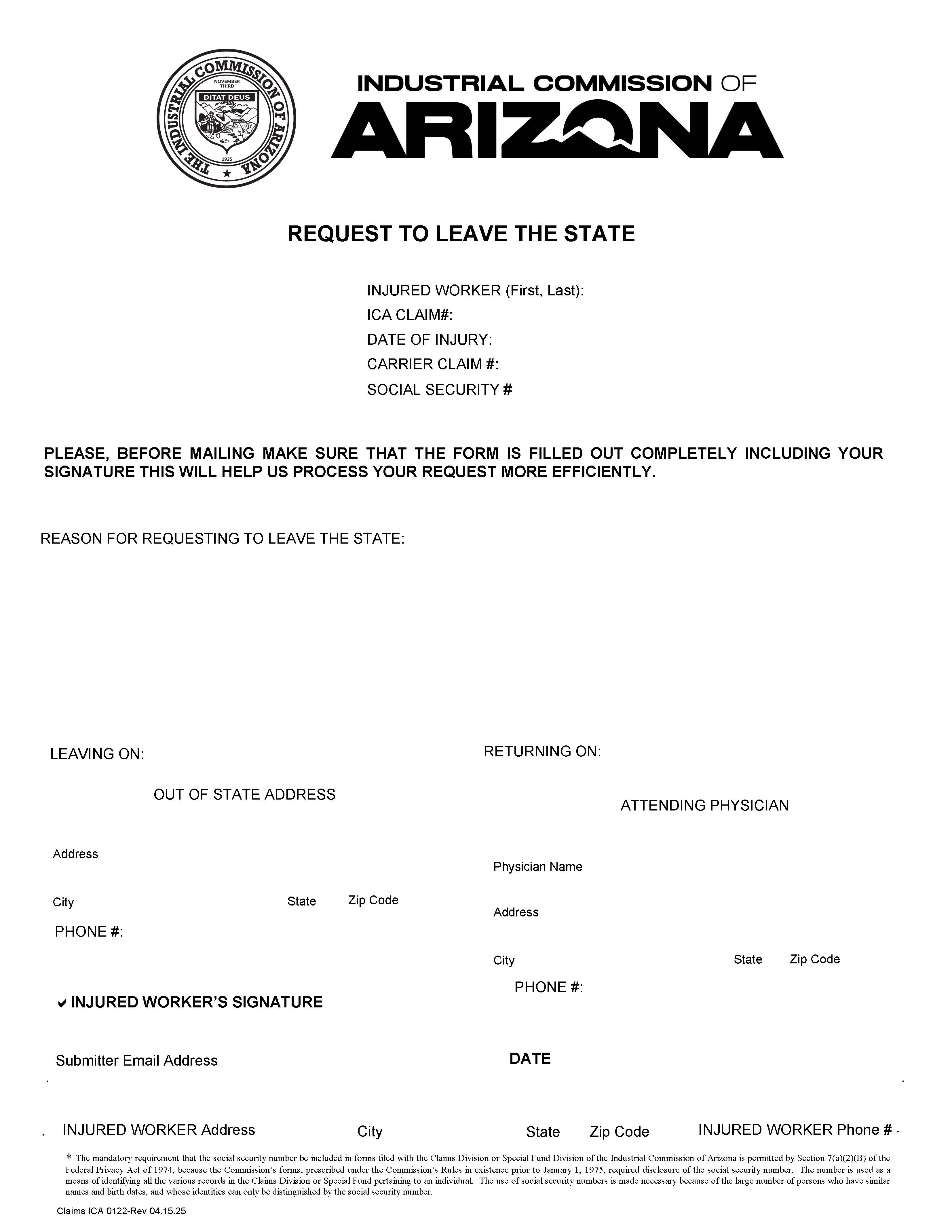 Request To Leave The State {ICA 0122} | Pdf Fpdf Docx | Arizona
