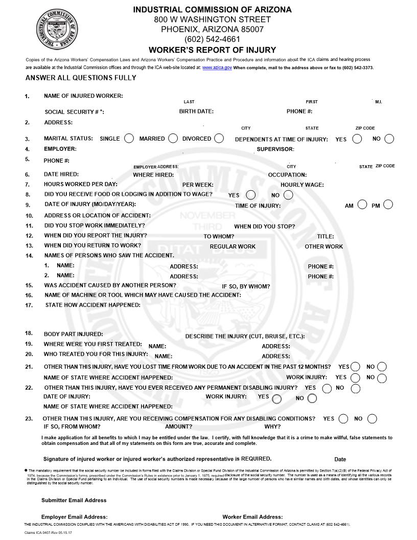 Workers Report Of Injury {ICA 04-0407} | Pdf Fpdf Doc Docx | Arizona