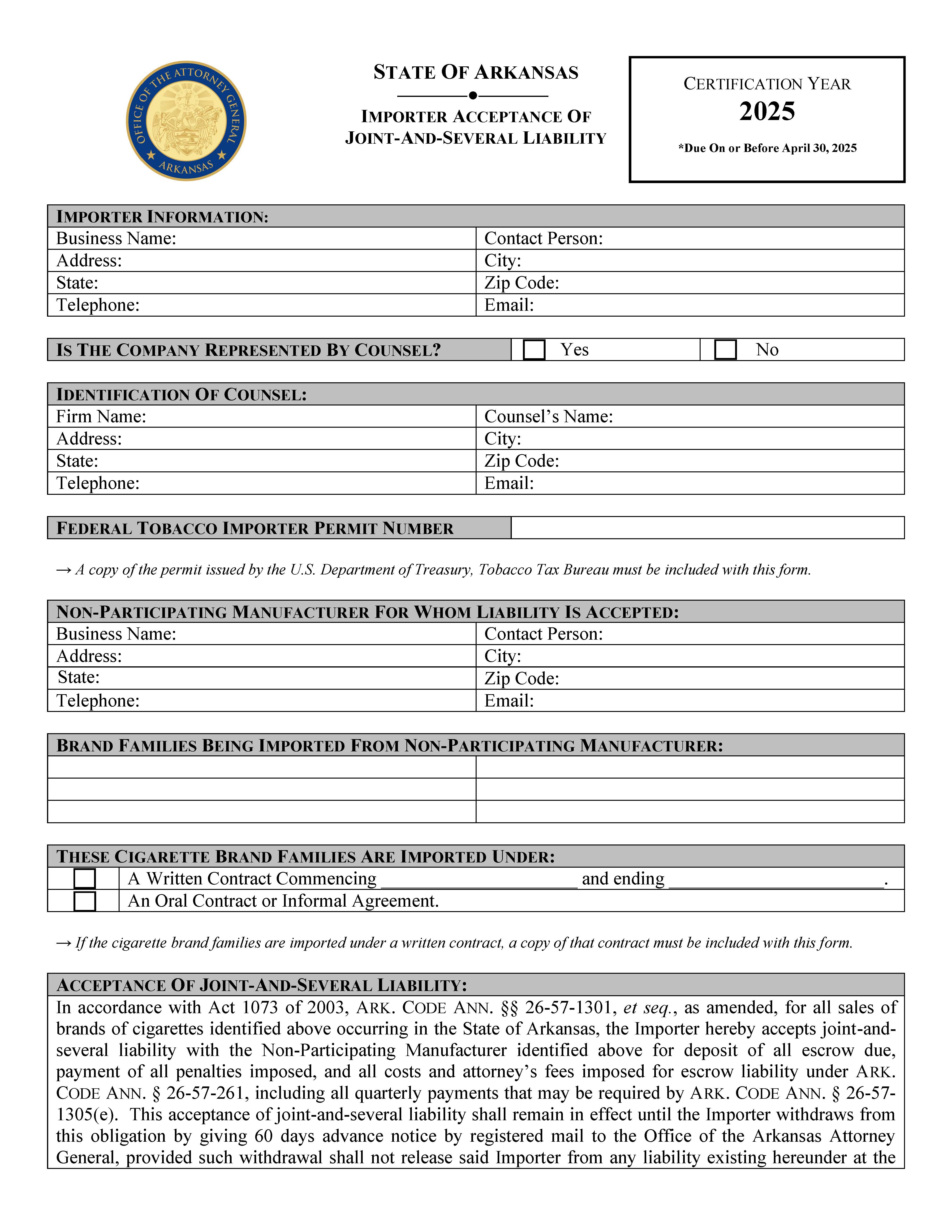 Importer Acceptance Of Joint And Several Liability | Pdf Fpdf Docx | Arkansas