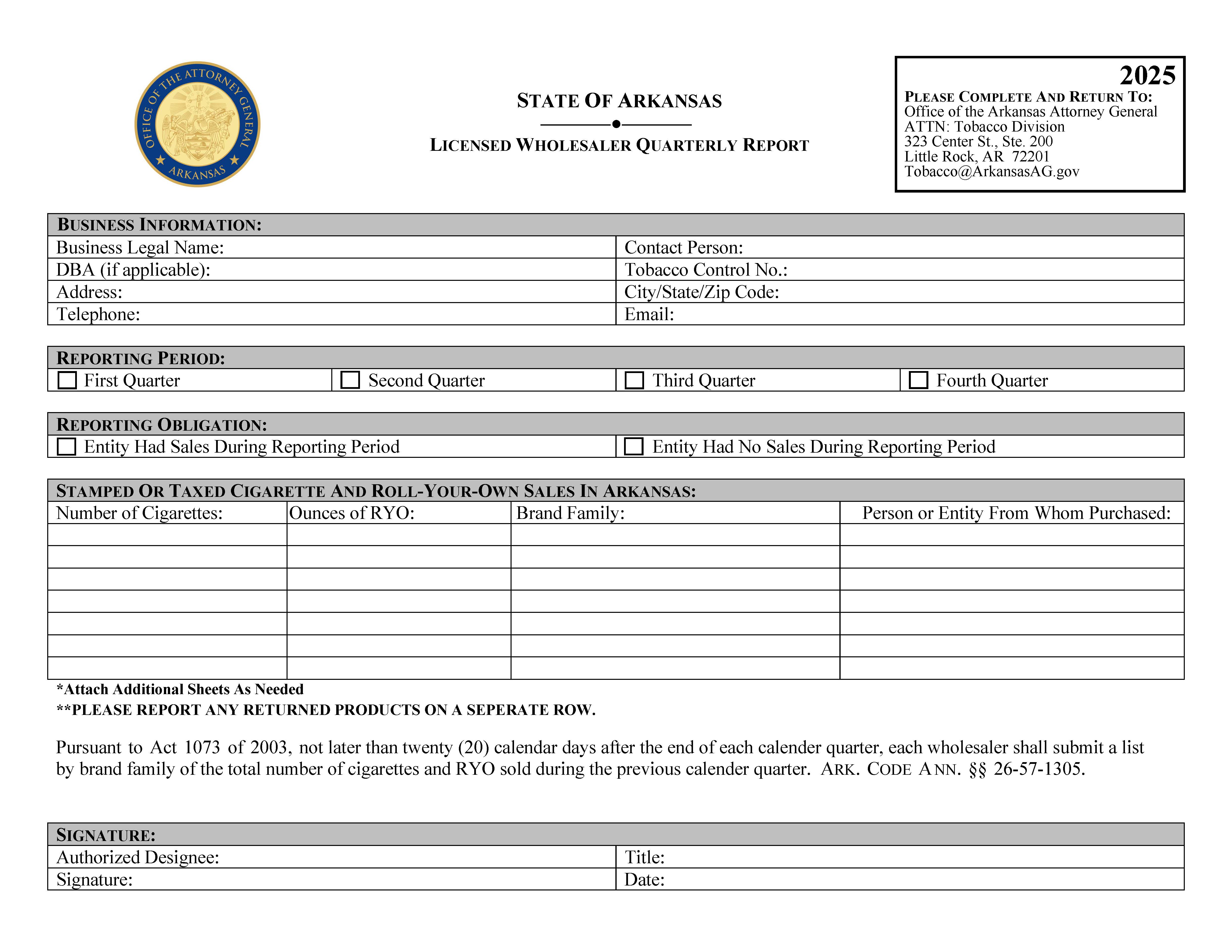 Licensed Wholesaler Quarterly Report | Pdf Fpdf Docx | Arkansas