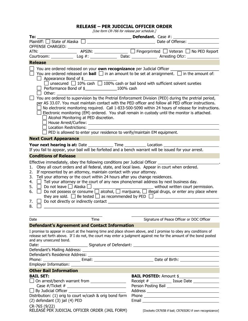 Release Per Judicial Officer Order Jail Form {CR-765} | Pdf Fpdf Docx | Arkansas