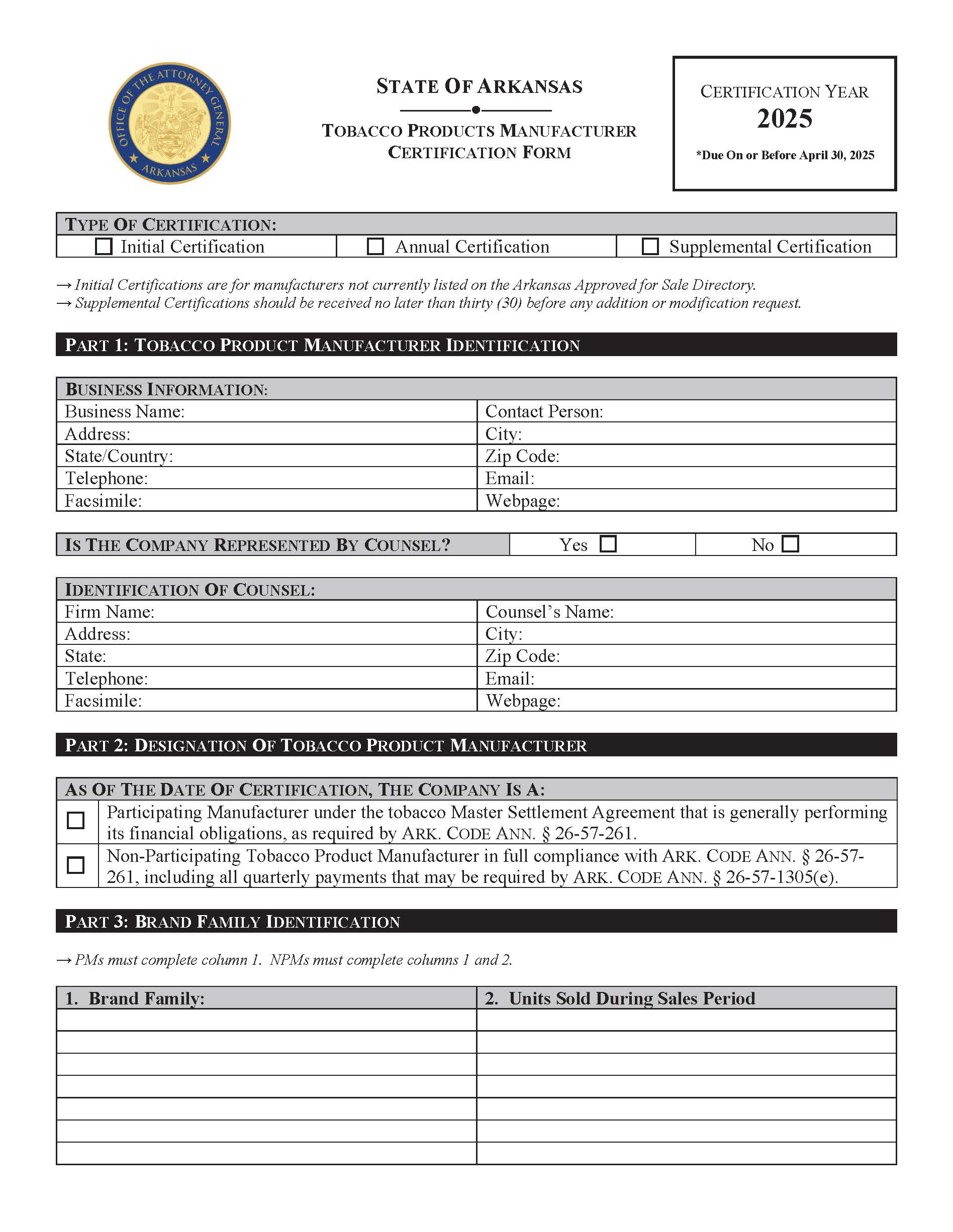 Tobacco Products Manufacturer Certification Form | Pdf Fpdf Docx | Arkansas