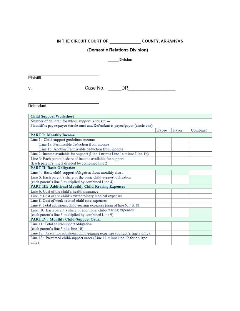 Child Support Worksheet | Pdf Fpdf Docx | Arkansas
