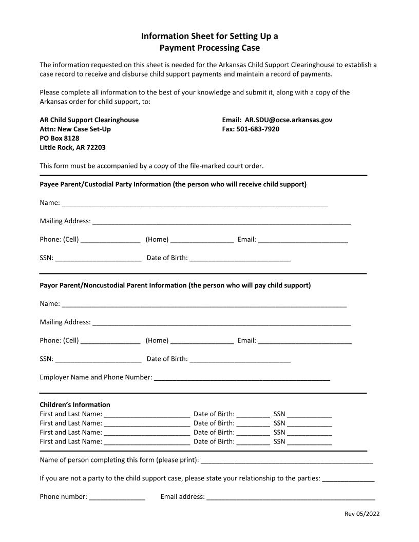 Information Sheet For Setting Up A Payment Processing Case | Pdf Fpdf Docx | Arkansas