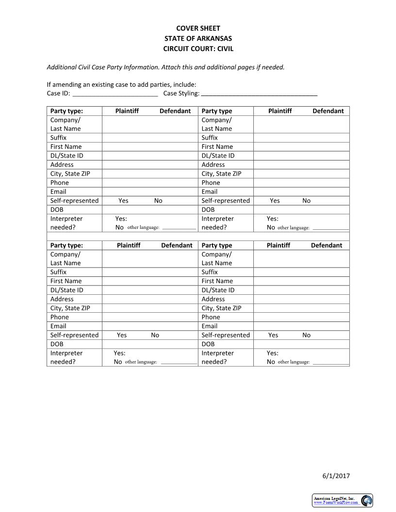 Civil Cover Sheet Page 2 - Additional Parties | Pdf Fpdf Docx | Arkansas