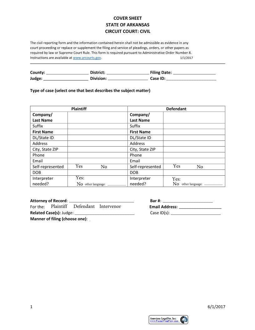 Civil Cover Sheet | Pdf Fpdf Docx | Arkansas