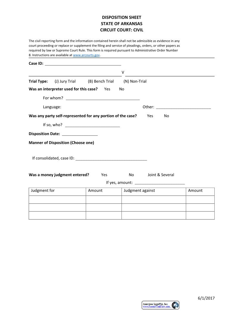 Disposition Sheet (Civil) | Pdf Fpdf Docx | Arkansas