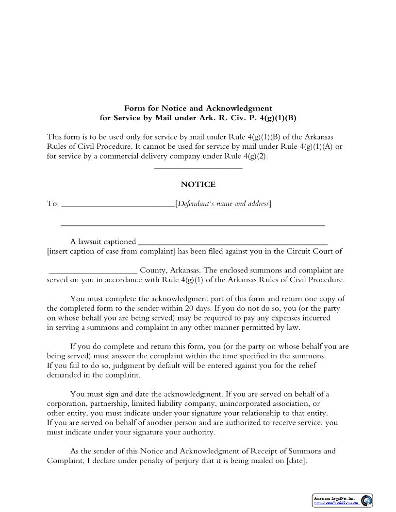Notice And Acknowledgment For Service By Mail | Pdf Fpdf Docx | Arkansas