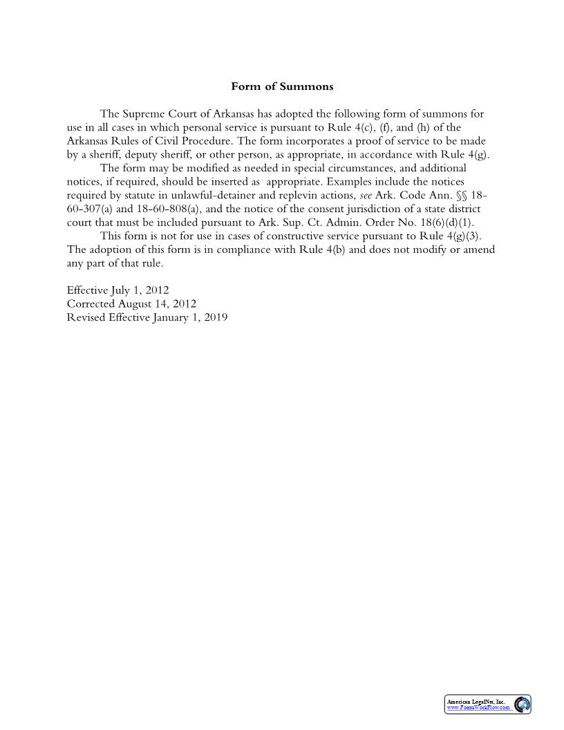 Official Form Of Summons | Pdf Fpdf Docx | Arkansas